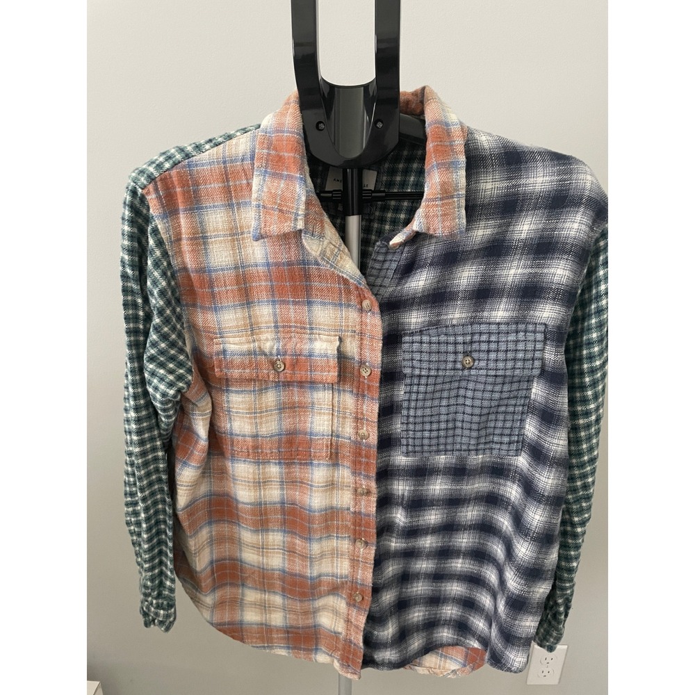 American Eagle Vintage Oversized Patchwork Flannel Shirt Multicolor Womens Small
